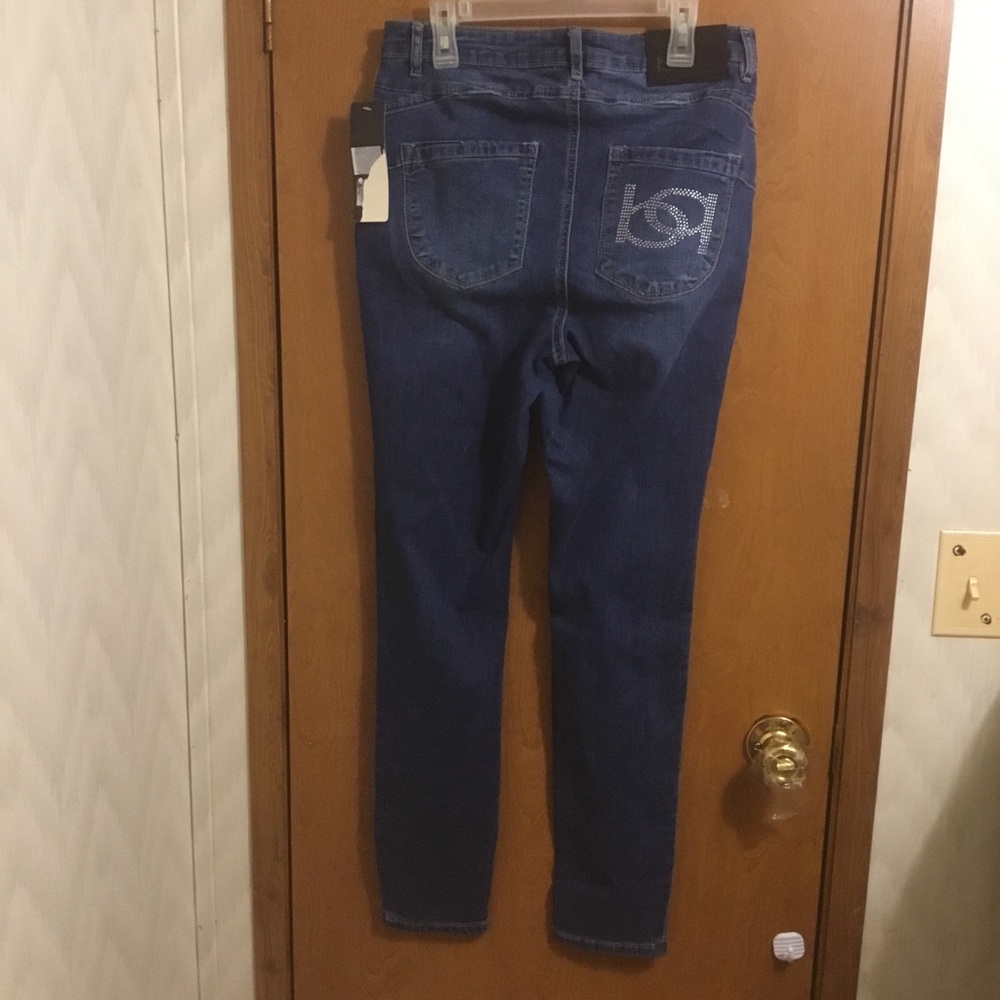 Bebe Destroyed Distressed Rhinestone Dark Wash Blue Skinny Jeans 30 - Picture 2 of 11